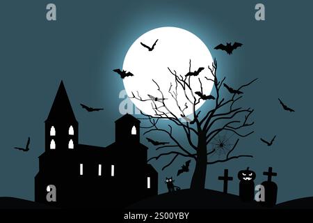 Halloween-Silhouetten eines gruseligen Schlosses und eines Baumes mit Fledermäusen, Grabsteinen, Spinnweben, Spinnen und Vollmond. Stock Vektor