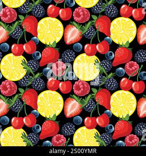 Handgezeichnetes nahtloses Muster aus bunten Früchten und Beeren Stock Vektor