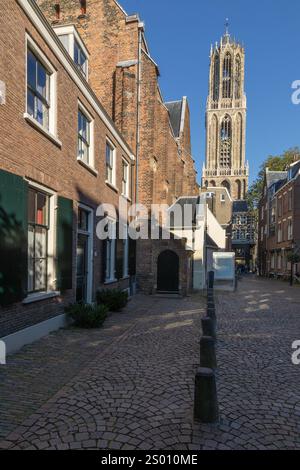 Dom-Turm in Utrecht umgeben von historischen Gebäuden und blauem Himmel. Stockfoto