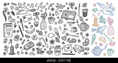 Süße Blumen. Handgezeichnete Rahmendekoration, Geburtstagssilhouetten mit Geschenk, Café und Kirsche. Mädchenhafte botanische Elemente für Karten und Poster. Niedliche Vögel Stock Vektor