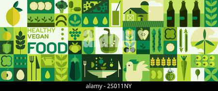 Gesunde Ernährung. Abstrakter Bio-Hintergrund mit veganem grafischem Obst und Gemüse, Bauernhofgetränk-Logo, Salat und Bauernhof. Grüne Geometrie-Elemente für die Küche. Stock Vektor