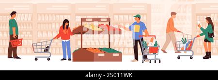 Leute im Geschäft. Supermarkt, Supermarkt Mann kauft Produkte im Wagen. Frauenfigur mit Trolley. Kunden, die Lebensmittel und Getränke kaufen. Glücklicher Familieneinkauf Stock Vektor