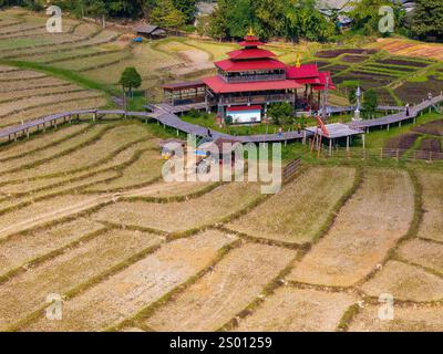 Aus der Vogelperspektive auf die Kho Ku so Bamboo Bridge und Reisfelder im Norden Thailands in der Nähe von Pai Stockfoto