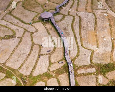 Aus der Vogelperspektive auf die Kho Ku so Bamboo Bridge und Reisfelder im Norden Thailands in der Nähe von Pai Stockfoto