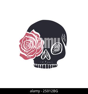 Handgezeichneter blauer menschlicher Schädel mit Rose in der Augenskizze Stock Vektor