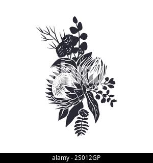 Schwarze Silhouette von tropischen Protea-Blumen und Blättern Bouquet Stock Vektor