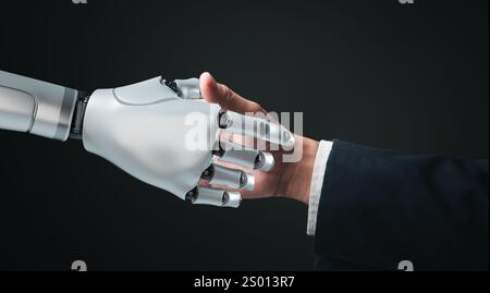 Roboterhände und menschliche Hände schütteln, symbolisieren KI und menschliche Zusammenarbeit. Ideal für Technologie, geschäftliche Innovationen und futuristische Konzepte. Stockfoto