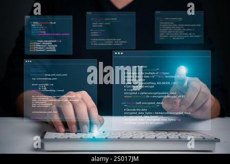 Handschrift auf dem Laptop mit Programmiercode auf dem Bildschirm, der die Softwareentwicklung darstellt. Perfekt für Codierung, IT-Lösungen, digitale Technologie, Web A Stockfoto