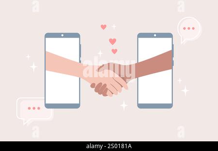 Handschlag von Menschen verschiedener Nationalitäten und Hauttöne vom Smartphone-Bildschirm. Illustration des flachen Vektors Stock Vektor