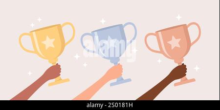 Hände von Menschen mit verschiedenen Hauttönen, die glänzende goldene, silberne und bronzene Trophäentassen auf einem beigen Hintergrund halten, flache Vektorillustration Stock Vektor
