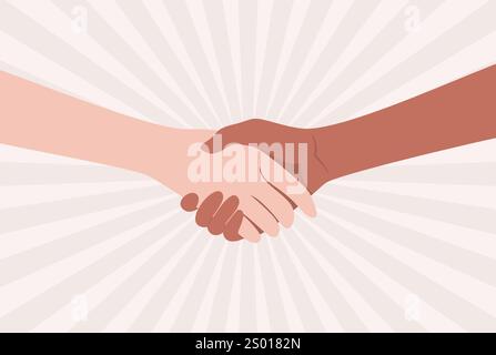 Handschlag von Menschen verschiedener Nationalitäten und Hauttöne, beigefarbener Hintergrund mit Radialstrahlen. Illustration des flachen Vektors Stock Vektor
