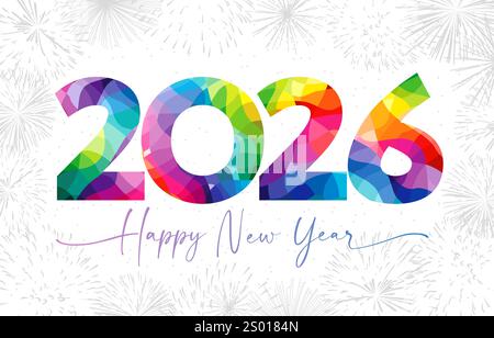 Happy New Year 2026 süße Grußkarte mit Buntglas-Stil helle Nummer 2 0 2 6, schöne kursive und weiße Kulisse. Grußworte in sozialen Medien. Stock Vektor