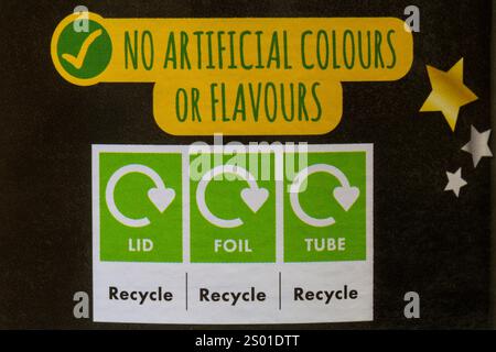 Recycling-Informationen auf Lebensmittelverpackungen auf der Wanne von Jacobs Twiglets - Entsorgung Recycling Recycling-Logo-Symbole Stockfoto