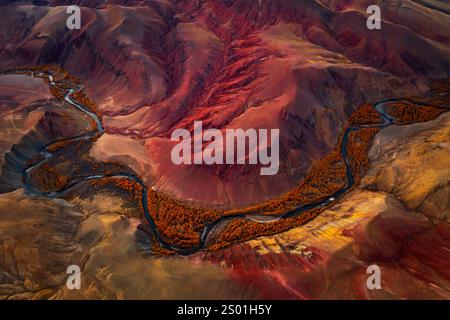 Atemberaubende Luftaufnahme der roten Berge von Chagan-Uzun mit einem wunderschönen Fluss, der durch die üppige orange Vegetation in Altai führt, zeigt einzigartige geologische, lebendige Farben, die surrealen Marslandschaften ähneln Stockfoto