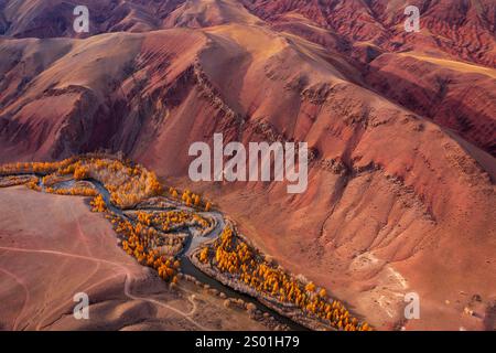 Lebendige Aussicht aus der Vogelperspektive auf die roten und orangen Berge mit einem sich windenden Fluss und herbstlichen Bäumen, die surreale natürliche Schönheit und dramatische Erosionsmuster zeigen Stockfoto