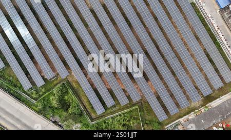 Große Solarpaneele decken landwirtschaftliche Flächen ab und zeigen die Bemühungen um erneuerbare Energien in einer städtischen Region. Diese nachhaltige Energielösung nutzt eine umfangreiche la Stockfoto