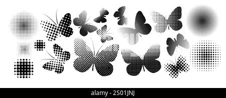 Silhouette eines Schmetterlings. Set von Schmetterlingen in verschiedenen Formen. Monochrome Vektorgrafik auf weißem Hintergrund. Stock Vektor