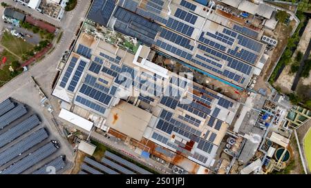 Diese Luftaufnahme erfasst eine große Anlage, die mit Solarpaneelen bedeckt ist, und zeigt nachhaltige Energiebemühungen. Stockfoto