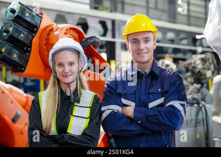 Zwei junge Ingenieure, ein Mann und eine Frau, stehen stolz neben fortschrittlichen Robotergeräten in einer lebendigen und geschäftigen Produktionsanlage und zeigen Teamwork Stockfoto