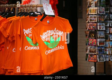 Dateibild: Orangefarbene T-Shirts mit Adidas-Logos mit den Worten „Amsterdam Cannabis“, die 2012 in einem Ladenstand in Amsterdam, Niederlande, ausgestellt wurden Stockfoto