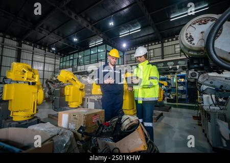 Zwei Ingenieure diskutieren technische Details in einem Industriebereich mit Robotermaschinen. Sie konzentrieren sich auf ein Gerät und gewährleisten gleichzeitig die Sicherheit Stockfoto