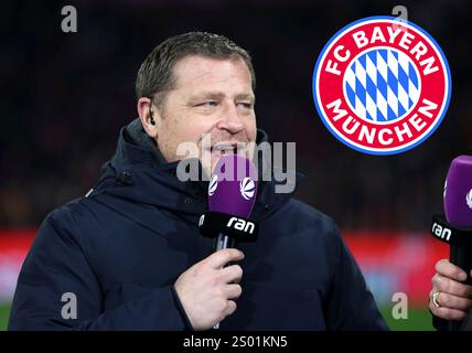 München, Deutschland, 23. Dezember 2024: ! Achtung Fotomontage! Hier im Bild Max Eberl, Sportvorstand (FC Bayern München) beim Interview, Kopf, Portrait mit Mikrofon, oben rechts das Logo des Vereins Stockfoto