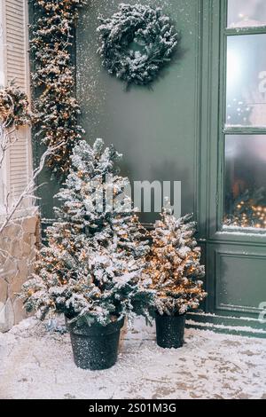 Kleine Weihnachtsbäume mit Lichtergirlanden auf dem Fassadenhintergrund dekoriert. Zwei schneebedeckte Tannen mit Frostzweigen in Töpfen auf grünem Enterway Stockfoto