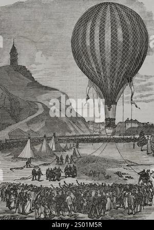 Deutsch-Französischer Krieg (1870–1871). Belagerung von Paris (19. September 1870 bis 28. Januar 1871). Verteidigung von Paris. Montmartre. Gefangener Ballon "Le Neptun", der zur Beobachtung der Invasion bestimmt ist. Gravur von Sierra. Historia de la Guerra de Francia y Prusia (Geschichte des Krieges zwischen Frankreich und Preußen). Band I. veröffentlicht in Barcelona, 1870. Stockfoto