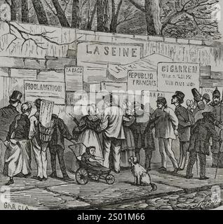 Deutsch-Französischer Krieg (1870–1871). Frankreich. Belagerung von Paris (19. September 1870 bis 28. Januar 1871). Die Leute lesen Notizen an der Ecke der Präfektur Versailles. Zeichnung von García. Gravur von Sierra. Historia de la Guerra de Francia y Prusia (Geschichte des Krieges zwischen Frankreich und Preußen). Band II. Veröffentlicht in Barcelona, 1871. Stockfoto