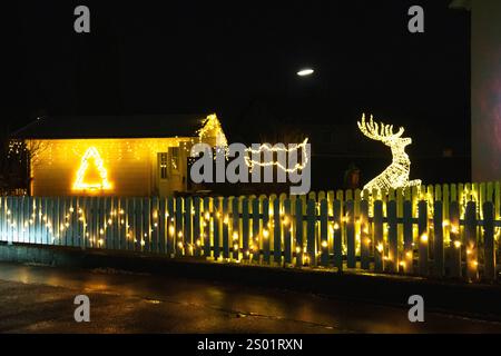 Bayern, Deutschland - 23. Dezember 2024: Weihnachtlich dekoriertes Haus mit Lichterketten, Rentierfigur und beleuchtetem Garten bei Nacht an Weihnachten *** weihnachtlich dekoriertes Haus mit Lichterketten, Rentierfigur und beleuchtetem Garten bei Nacht an Weihnachten Stockfoto