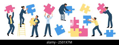 Leute, die Puzzle zusammenstellen. Teamwork-Prozess. Winzige Figuren mit großen farbigen Pappstücken. Teamarbeit der Kollegen. Mitarbeiter nehmen an Puzzle Teil. Busine Stock Vektor