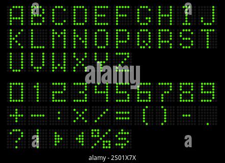 LED-Anzeige in grüner Schrift. Digitales Punktalphabet. Elektronische Buchstaben und Zahlen. Anzeiger ABC. Hinweisschilder. Helle großgeschriebene Textsymbole und Stock Vektor
