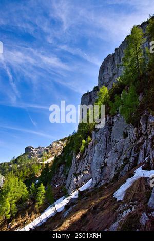 Seite einer felsigen Klippe mit Bäumen und Schneeflächen auf einem Wanderweg, der an einem Frühlingstag in Deutschland zum Adlernest führt. Stockfoto