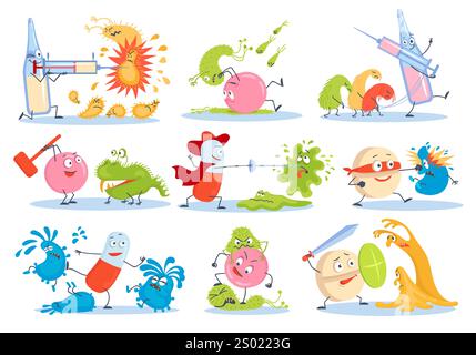 Zeichentrickstoff gegen Bakterienfiguren. Lustige Arzttabletten. Pharmazie Pillen kämpfen mit Mikroben und Viren. Böse Keime. Kindermaskottchen. Impfstoff-Sy Stock Vektor