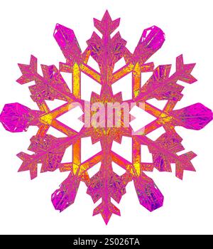Mehrfarbige Eiskristalle, wie Weihnachtssterne, erleuchten die Weihnachtsallegorie und erinnern an die Magie der Feiertage. Schneekristall in Grafik Stockfoto