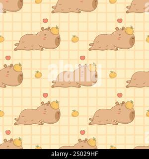 Nahtloses Muster. Niedliche schlafende Capybara mit Mandarine auf gelb kariertem Hintergrund. Lustige kawaii-Zeichentrickfigur im Hintergrund. Vektorabbildung. Stock Vektor