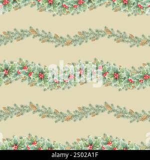 Nahtloses Weihnachtsmuster mit stechpalme, Beeren, Blättern, Kegeln und Fichtenzweigen. Handgezeichnete Winter Aquarellillustration auf Beige für festliches Neujahrspackpapier, Textil und Design. Stockfoto