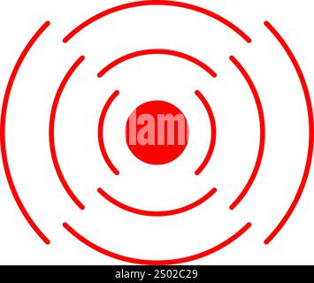 Sonarwellen-, Radar- oder Tonsignalsymbol. Symbol für Schmerzen, Schmerzen oder Entzündungen. Unterbrochene rote konzentrische Kreise. Puls-, Strahlung-, Abdeckungs- oder Vibrationszeichen. Vektorabbildung. Stock Vektor
