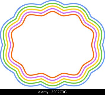 Bunte ovale konzentrische Rahmen mit gewellten Kanten. Geometrische Formen mit kurvigen Rändern. Leeres Textfeld, Tag oder Etikett isoliert auf weißem Hintergrund. Vektorabbildung. Stock Vektor