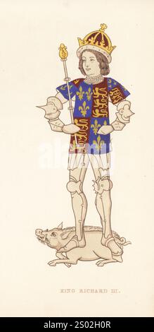 König Richard III. Von England, letzter der Plantagenets, 1452-1485. In Krone, Wappentunika oder Wappen mit viereckigen Wappen Frankreichs und Englands, Plattenrüstung, Zepter in der Hand, auf einem Eber stehend. Aus dem Rous Roll in der British Library. Handkolorierter Holzschnitt von Henry Shaw aus seinen eigenen Kleidern und Dekorationen des Mittelalters vom 7. Bis 17. Jahrhundert, William Pickering, London, 1843. Stockfoto