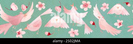 Sakura Blumen und Vögel in verschiedenen Posen, handgemalte nahtlose Aquarellkante auf minzfarbigem Hintergrund. Hochwertige pinkfarbene Clip-Art, ideal für Kinder Stockfoto