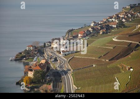 Schweiz. Dezember 2024. Die Terrassen des Rivaz-Weinbergs und der Genfer See, der größte Alpensee, sind vom Faverges aus zu sehen, einem Weinberg in Saint-Saphorin in der Schweiz. Die Lavaux-Weingärten erstrecken sich über 30 km entlang des Nordufers des Genfer Sees und stammen aus dem 11. Jahrhundert. Es wurde 2007 zum UNESCO-Weltkulturerbe erklärt. (Foto: Apolline Guillerot-Malick/SOPA Images/SIPA USA) Credit: SIPA USA/Alamy Live News Stockfoto