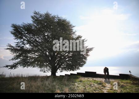 Schweiz. Dezember 2024. Ein Paar bewundert den Genfer See, den größten alpinen See von Les Faverges, einem Weinberg in Saint-Saphorin, Schweiz. Die Lavaux-Weingärten erstrecken sich über 30 km entlang des Nordufers des Genfer Sees und stammen aus dem 11. Jahrhundert. Es wurde 2007 zum UNESCO-Weltkulturerbe erklärt. (Credit Image: © Apolline Guillerot-Malick/SOPA Images via ZUMA Press Wire) NUR REDAKTIONELLE VERWENDUNG! Nicht für kommerzielle ZWECKE! Stockfoto