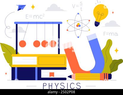 Physik Lernen Vektor Illustration mit Studenten, die Elektrizität, Magnetismus, Lichtwellen und Kräfte der Wissenschaft und Technologie erforschen Stock Vektor