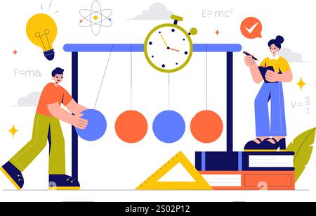 Physik Lernen Vektor Illustration mit Studenten, die Elektrizität, Magnetismus, Lichtwellen und Kräfte der Wissenschaft und Technologie erforschen Stock Vektor