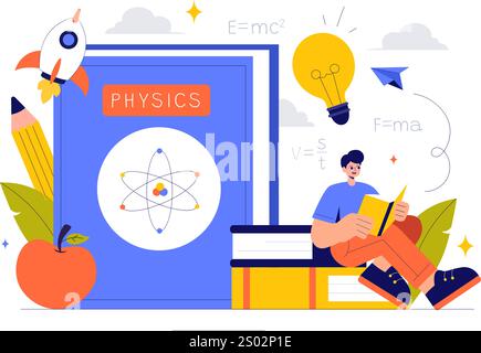 Physik Lernen Vektor Illustration mit Studenten, die Elektrizität, Magnetismus, Lichtwellen und Kräfte der Wissenschaft und Technologie erforschen Stock Vektor