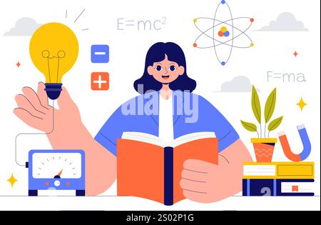 Physik Lernen Vektor Illustration mit Studenten, die Elektrizität, Magnetismus, Lichtwellen und Kräfte der Wissenschaft und Technologie erforschen Stock Vektor