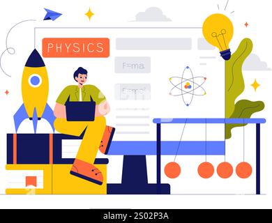 Physik Lernen Vektor Illustration mit Studenten, die Elektrizität, Magnetismus, Lichtwellen und Kräfte der Wissenschaft und Technologie erforschen Stock Vektor