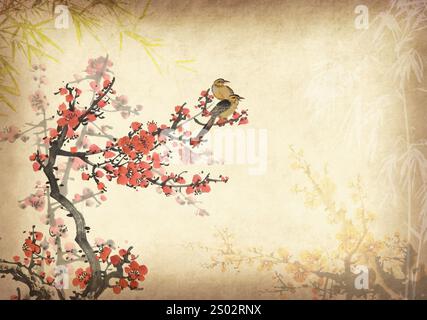 Chinesisches Gemälde von Blumen, Pflaumenblüte und Vogel auf altem Papierhintergrund. Stockfoto