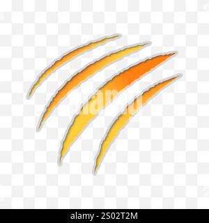 Cat Scratch-Symbol. Realistische gelbe Tierkrallenmarkierung isoliert auf transparentem Hintergrund. Hund oder flache Kratzspuren tragen. Risse von Kratzern von Stock Vektor